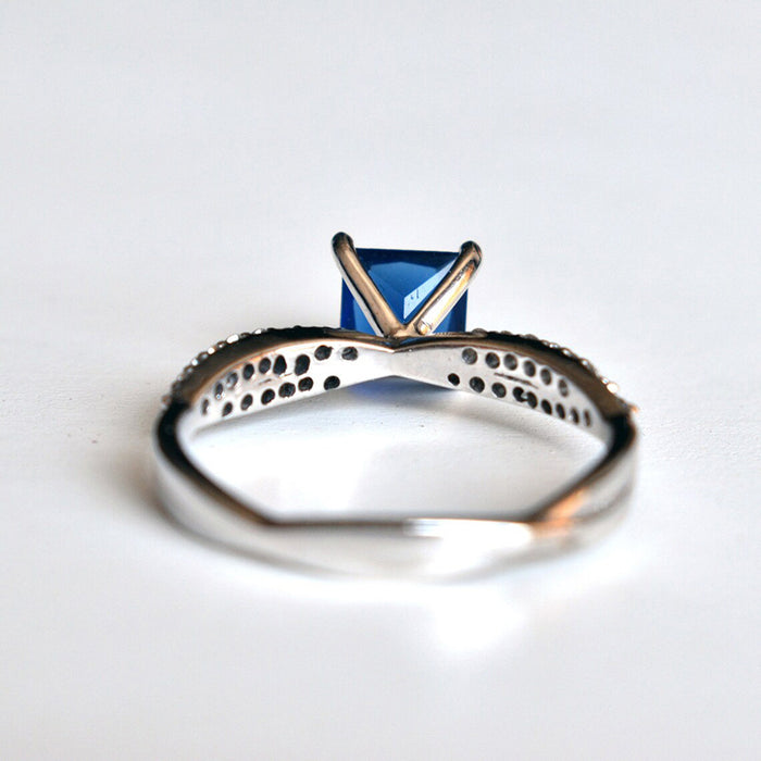 Square blue gemstone ring princess wave design ring