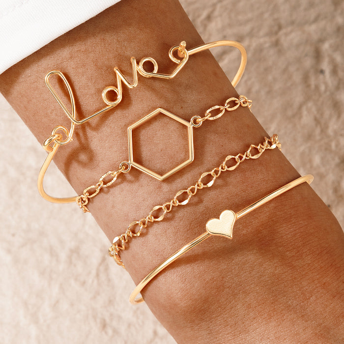 Love Heart Geometric Bracelet Set - Ins-Style Minimalist Four-Piece Collection