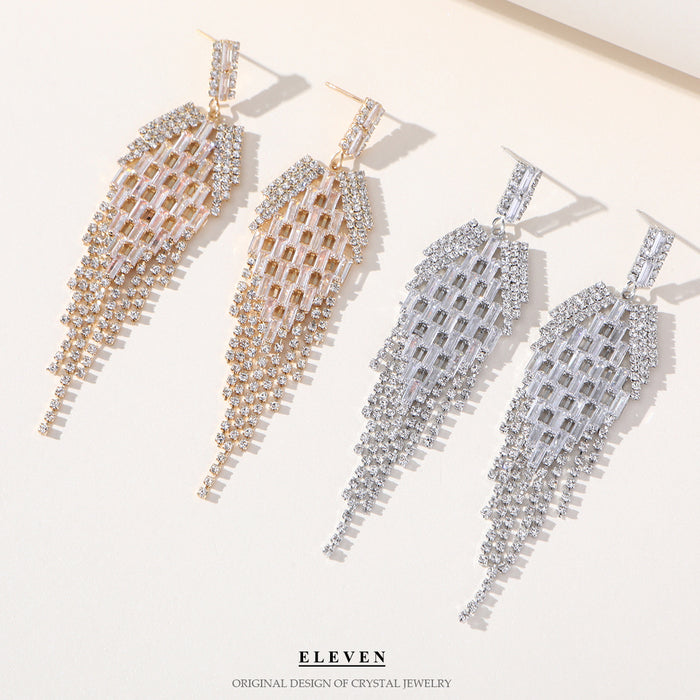 Exaggerated Geometric Tassel Earrings - 14K Gold-Plated Rhinestone Jewelry for a Bold Look