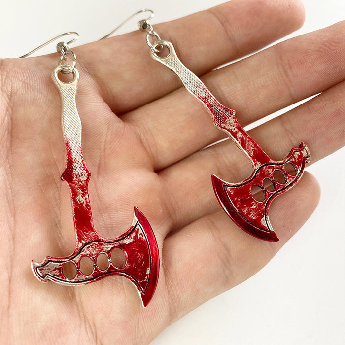 Pendientes de Halloween con diseño de fiesta de tijeras, hacha y cuchillo ensangrentados