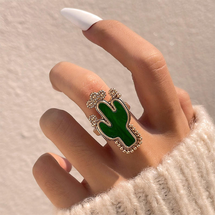 Green Cactus and Flower Ring Set - 8-Piece Simple Enamel Rings for Women