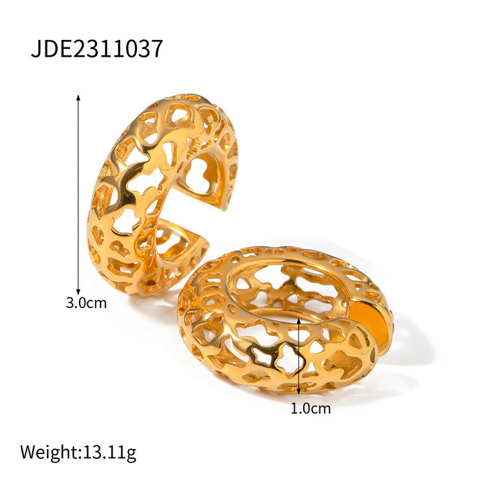 New 18K Gold Plated Stainless Steel Hollow C-Shaped Clip Earrings - Fashionable Jewelry for Women