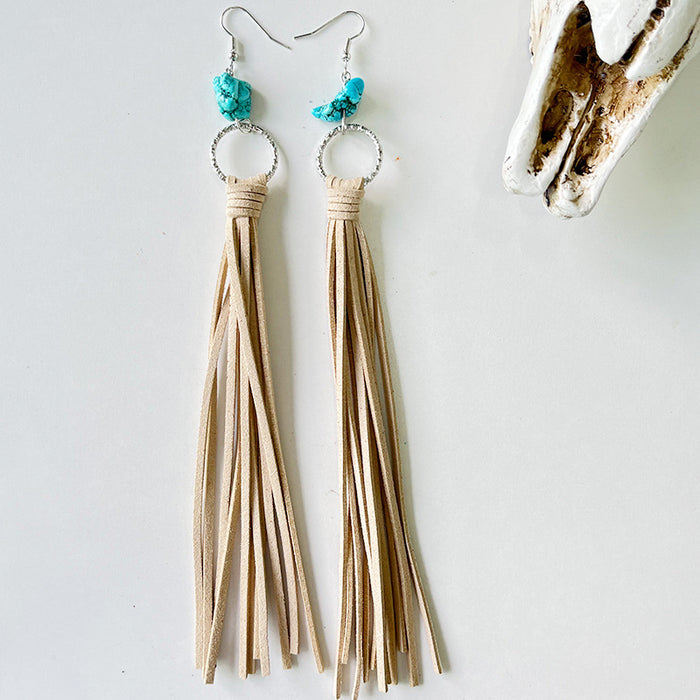 Exaggerated Western Bohemian Leather Tassel Earrings with Turquoise Hoops