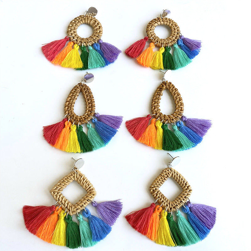 Handmade Woven Rainbow Tassel Earrings with Summer Vacation Style