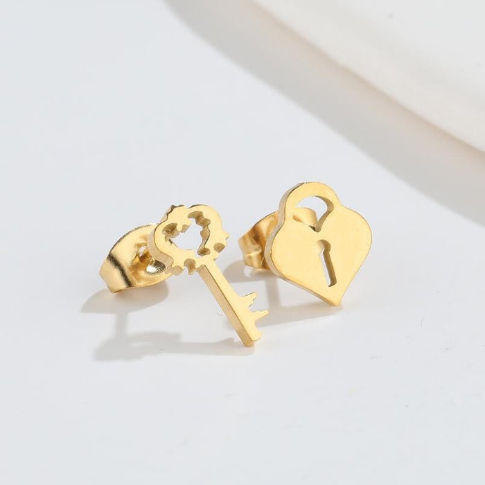 Key and Lock Stainless Steel Stud Earrings - Cute and Playful Couple Jewelry