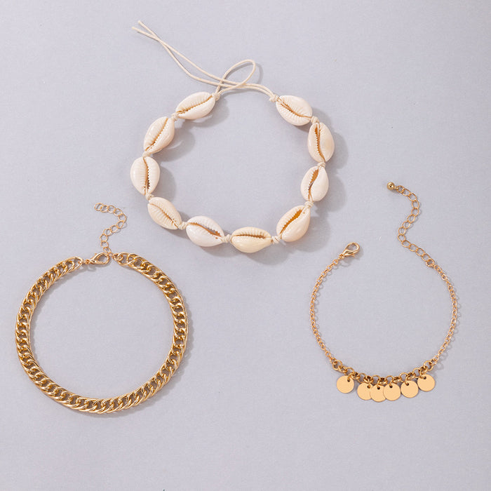 Beach-Style Shell Triple-Layer Anklet with Geometric Disc Chain Design