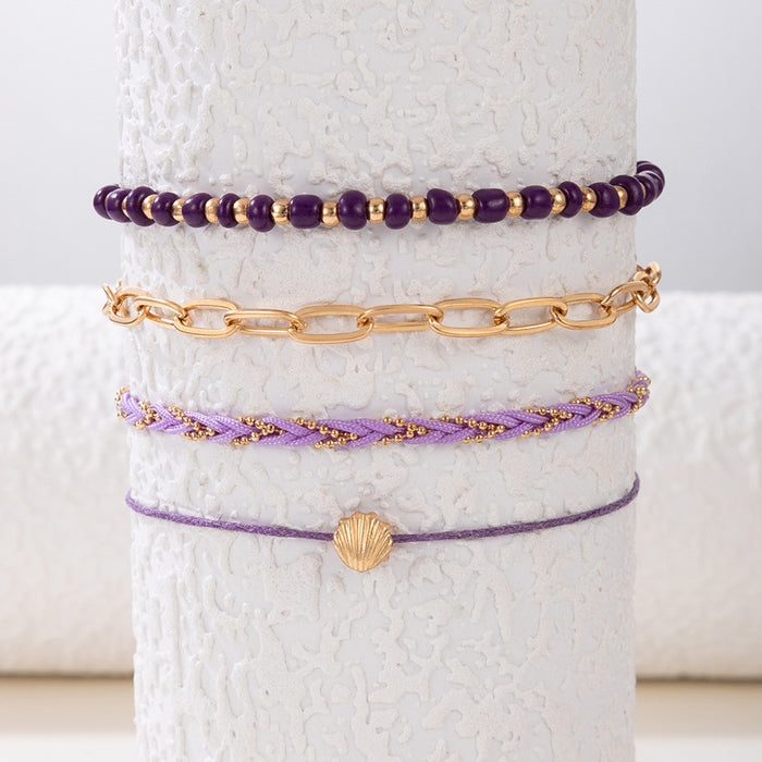 Bohemian-Style Shell and Beaded Multi-Layer Anklet Set