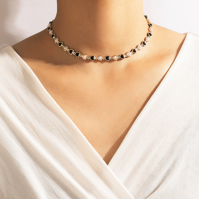 Black White Pearl Heart Necklace - Geometric Heart Simple Choker