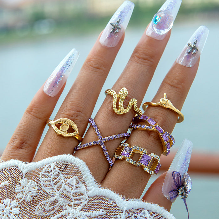 Fashionable Snake-Shaped Gold Ring Set with Geometric Cut-Outs – 6-Piece Collection