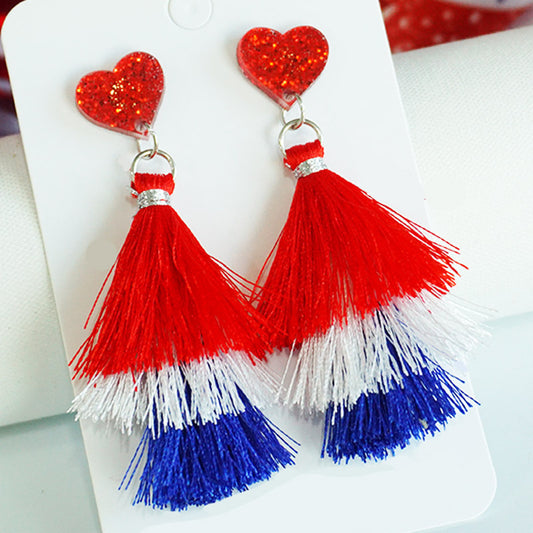 Independence Day Multi-Layer Tassel Heart Earrings with Cheerleader Design