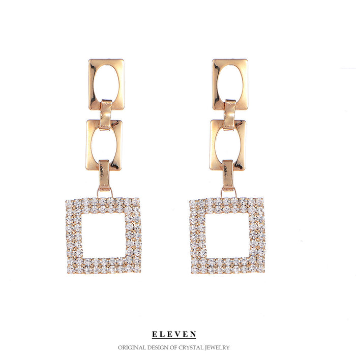 Korean Geometric Rhinestone Earrings - Long Square Drop Earrings for Women