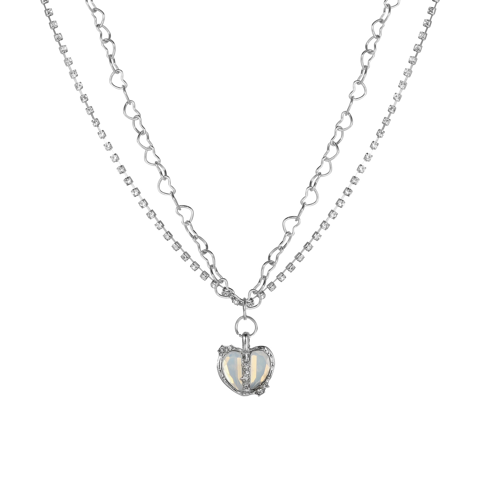 Alloy Heart Silver Micro Set Zircon Necklace - wallojewerly 