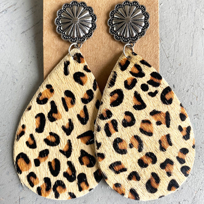 Animal Print Leather Earrings with Bohemian Long Hair and Pumpkin Flower Design