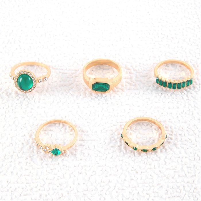 Green Gemstone Heart Ring Set - Small Geometric Five-Piece Set