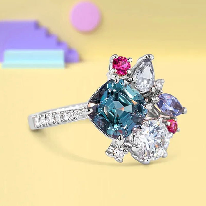 Colorful Gem Square Princess Ring Simulated Diamond Engagement Ring
