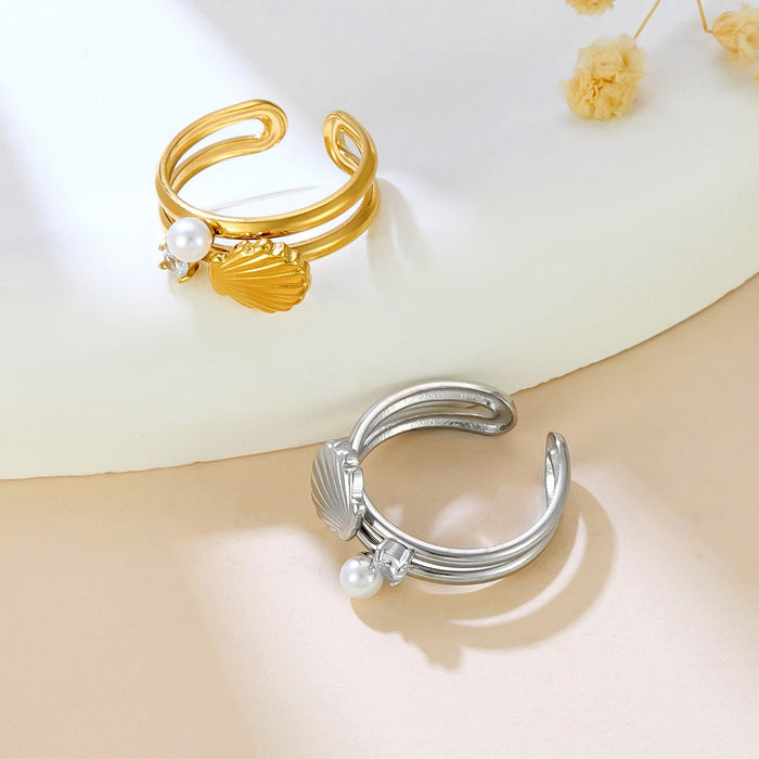 Wholesale stainless steel 18K gold inlaid imitation pearl scallop rings