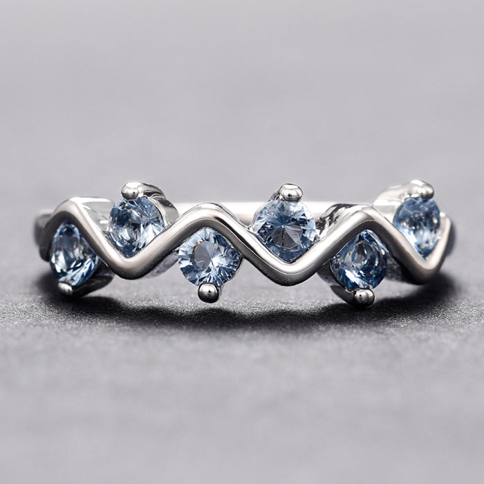 Wave zircon ring, niche design copper inlaid blue zircon personality ring