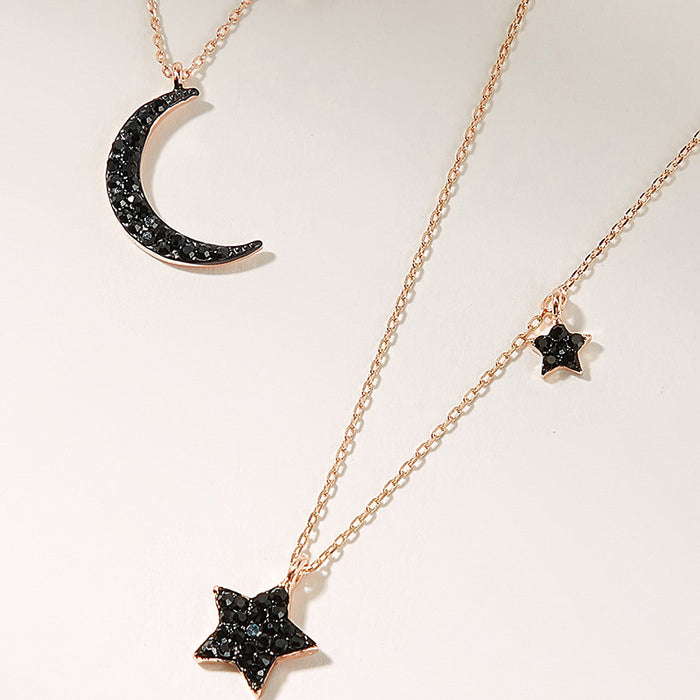 Star and Moon Diamond Double Layer Necklace with Geometric Crescent Multi-Layer Design