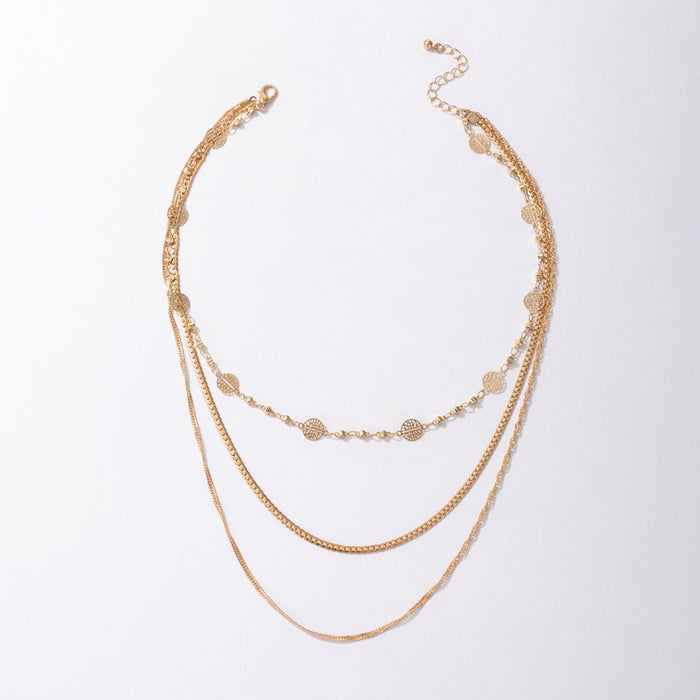 Alloy Snake Bone Multilayer Necklace - Round Leaf Triple-Layer Chain Set