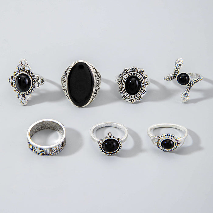 Vintage Black Gemstone Ring Set - 7pcs Dark Gothic Snake Oval Rings