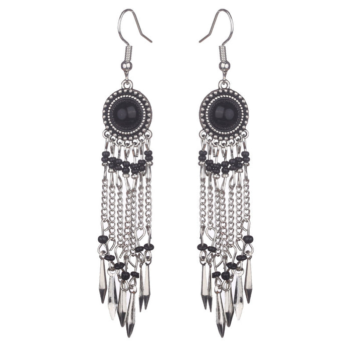 Bohemian Turquoise Ethnic Tassel Earrings with Metal Chain Design