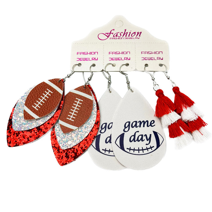 PU Leather Earring Set for Christmas with Football and Cheerleader Tassels