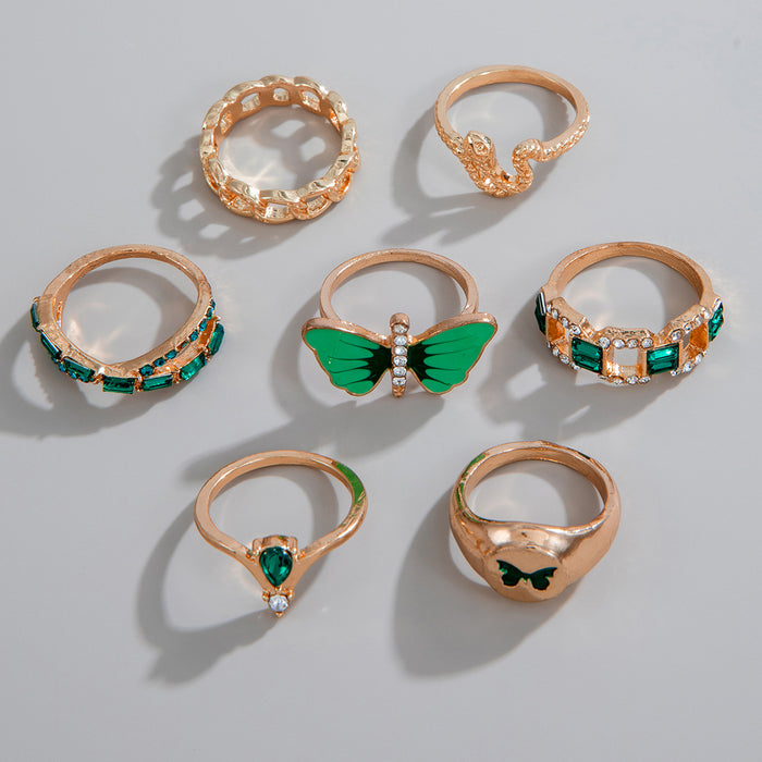 Green Enamel Butterfly Ring Set with Diamond Accents – Geometric Cut-Out Snake Rings, 7-Piece Set