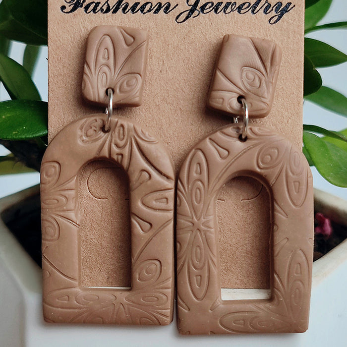 Handmade Morandi Color Clay Earrings - Geometric Embossed Design for a Vacation Look - wallojewerly 