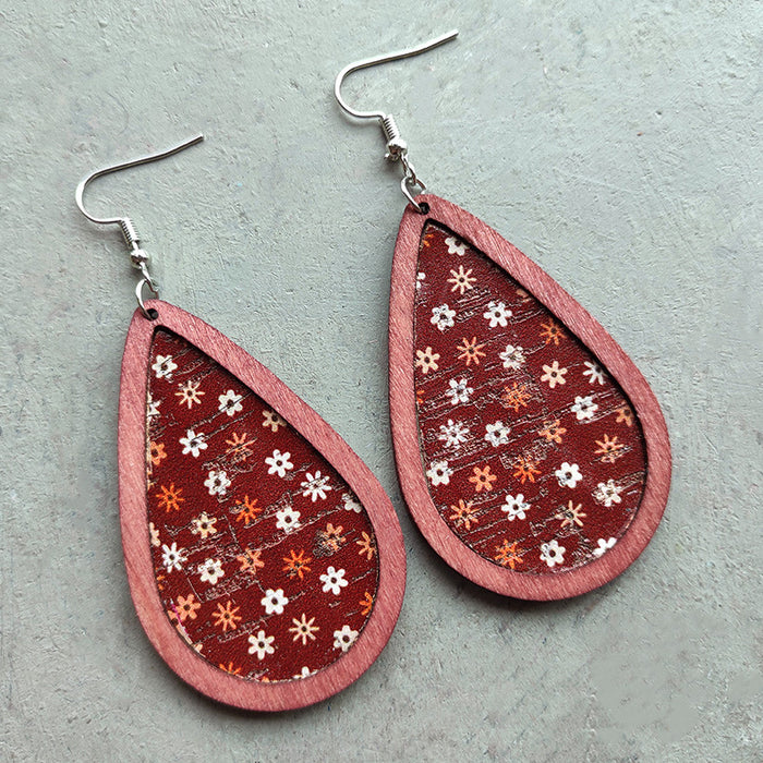 Wooden red and white textured earrings