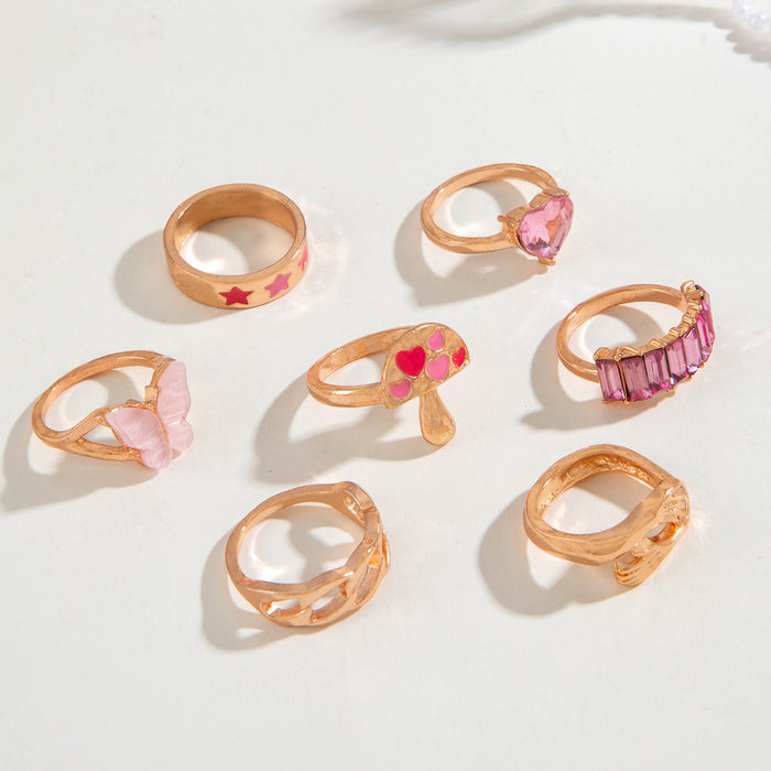 Pink Mushroom and Star Ring Set - 7-Piece Butterfly and Heart Rings for Women