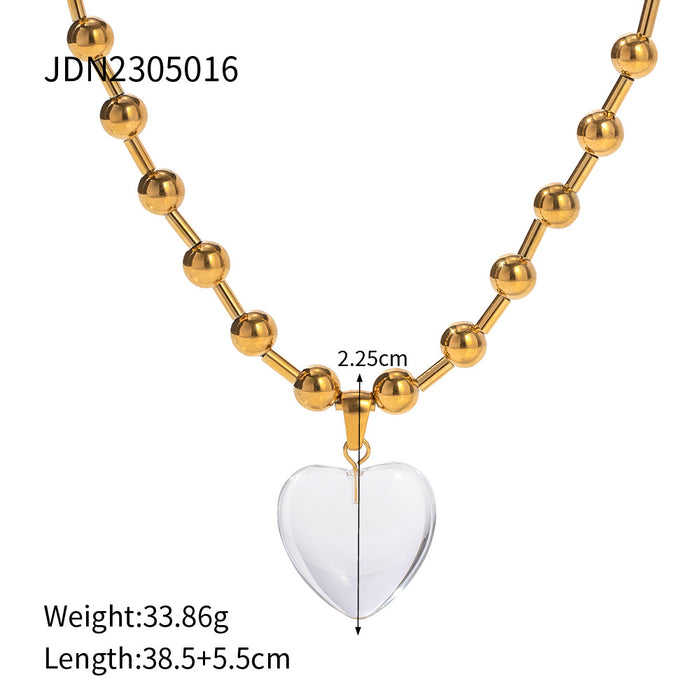 18K Gold-Plated Stainless Steel Necklace with Transparent Glass Heart Pendant - Trendy Women's Jewelry