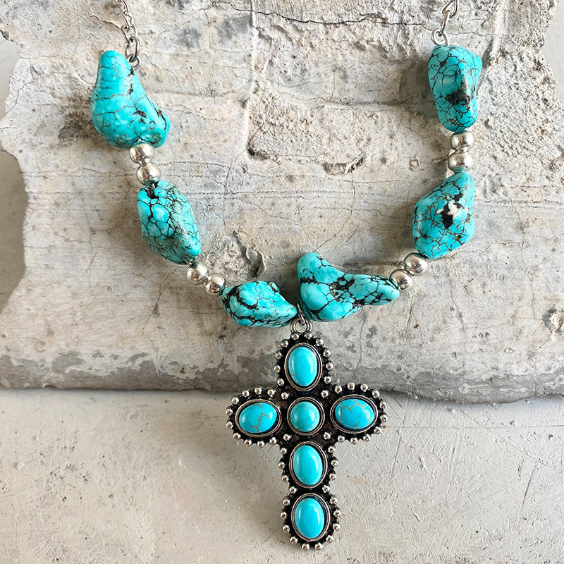 Pumpkin Flower Western Necklace with Indian Tribal Elements, Turquoise Bull Head, and Cross Pendant