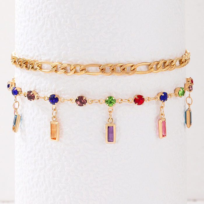 Colorful Rhinestone Double Layer Anklet with Geometric Multi-Layer Chain