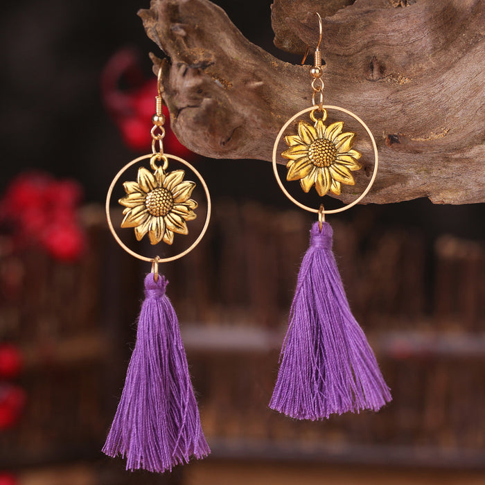 Bohemian Metal Sunflower Tassel Earrings with Geometric Bridal Design