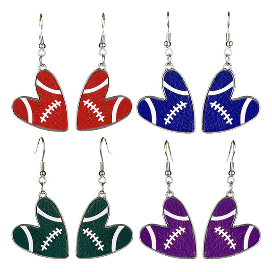 Football Heart Leather Earrings with Multicolor Football Mom Design