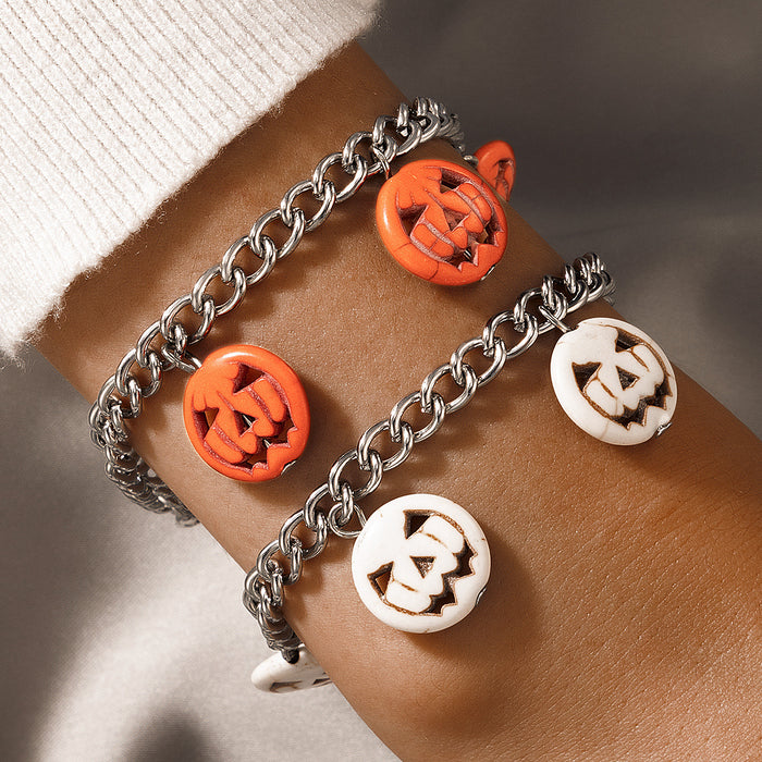 Halloween Pumpkin Enamel Anklet with Cat and Ghost Bead Charm