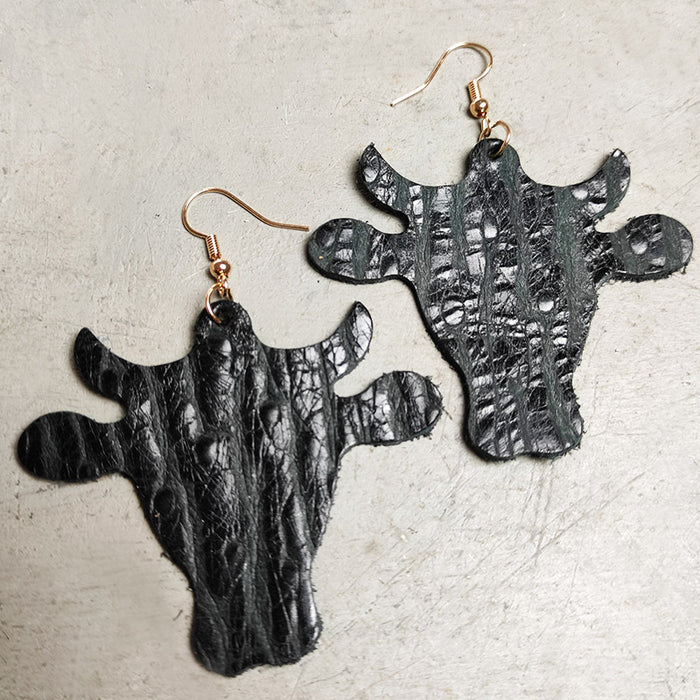 Vintage Embossed Leather Bullhead Pendant Earrings with Western Cowboy Style