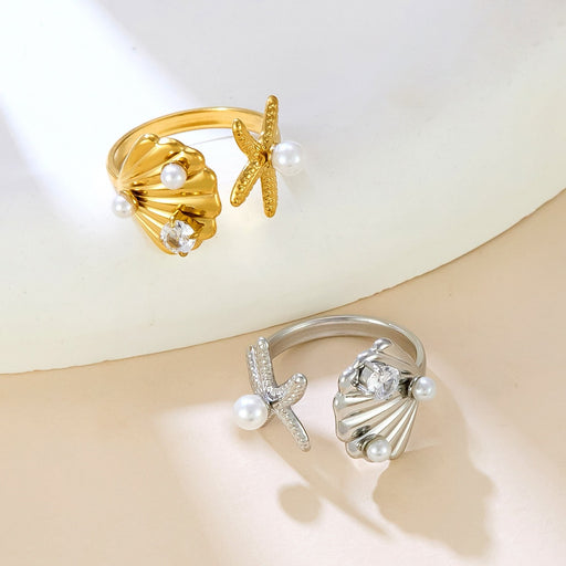 Wholesale stainless steel 18K gold scallop rings set with white beads - wallojewerly 