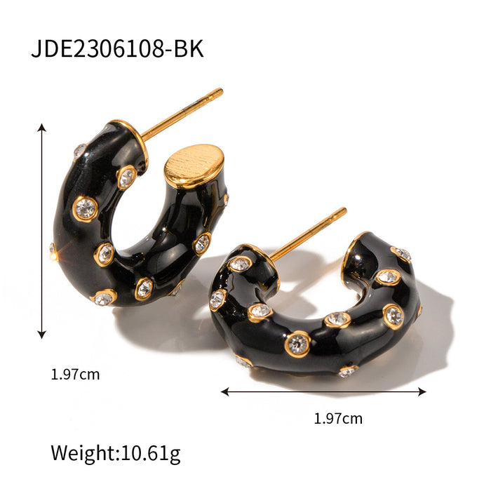 Trending Titanium Steel Earrings - 18K Gold Plated Black Enamel Diamond Inlaid C-Shaped Earrings for Women