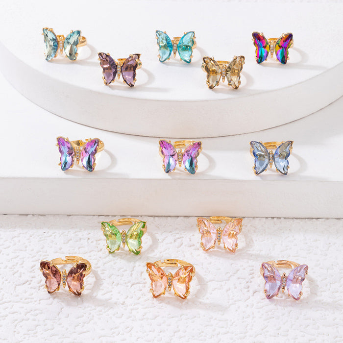 Imitation crystal butterfly colorful diamond ring set