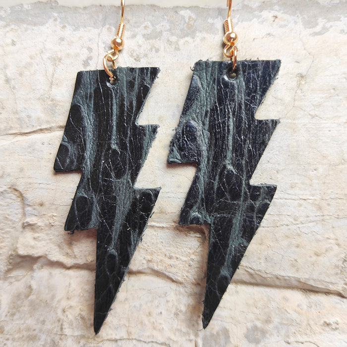 Vintage Embossed Leather Lightning Earrings with Western Cowboy Style