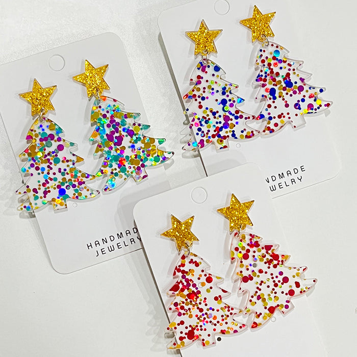 Christmas Glitter Sequin Earrings with Christmas Tree and Colorful Lights