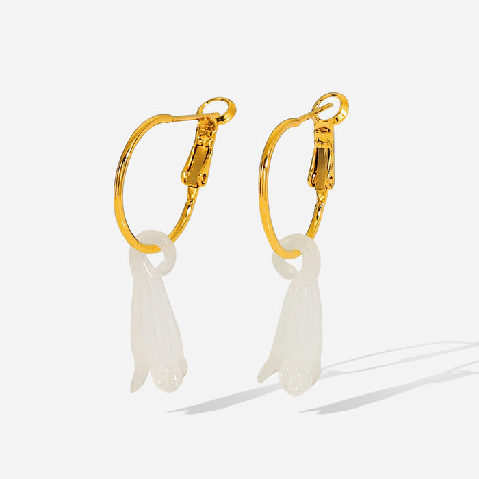 Pendientes de aro de acero inoxidable chapados en oro de 18 quilates de estilo vintage y de moda: pendientes colgantes de magnolia semipreciosa para mujer