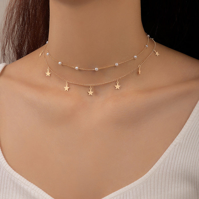 Collar de perlas y estrellas de doble capa: diseño minimalista de estrella de cinco puntas