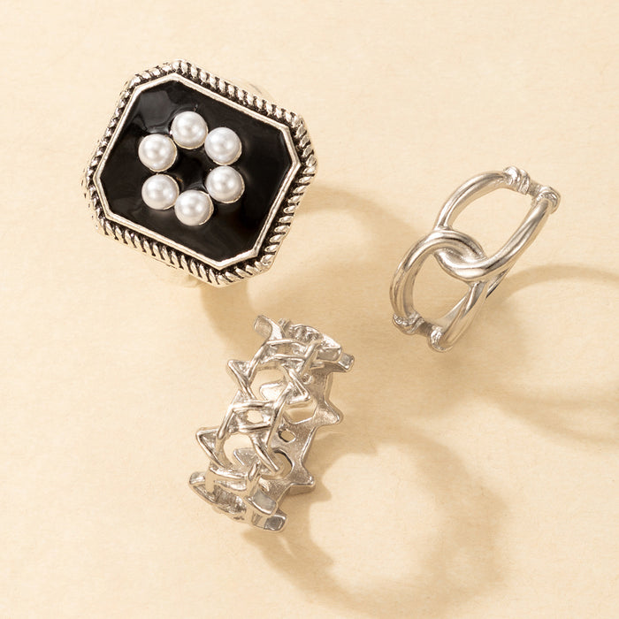 Vintage Chanel Pearl Flower Square Ring 3-Piece Set