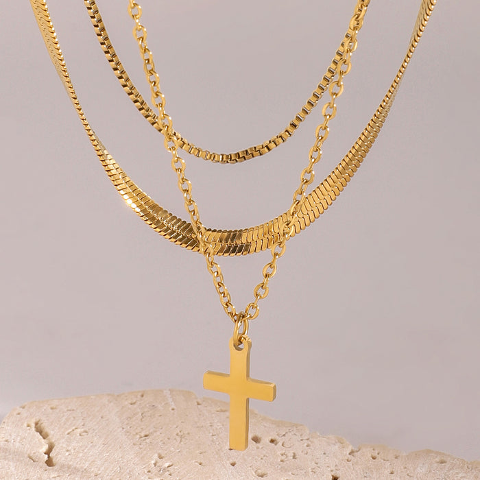 Stainless steel polished three-layer cross pendant necklace simple design