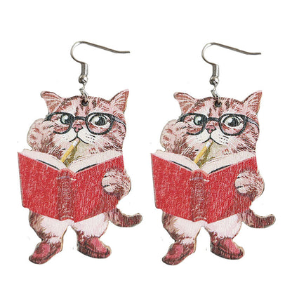 Wooden school cat book earrings