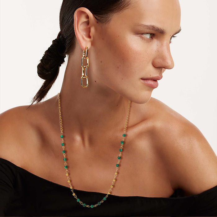 18K Gold-Plated Small Round Bead Necklace with Green Malachite - Women's Vintage Jewelry