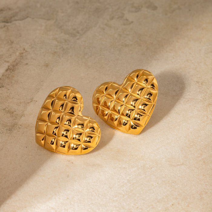 18K Gold Stainless Steel Quilted Heart Earrings - Titanium Steel Non-Fading Grid Design