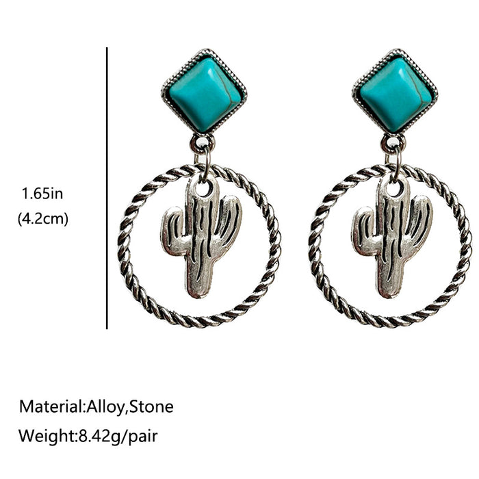 Western Bohemian Ethnic Cactus Earrings with Vintage Turquoise and Alloy Design